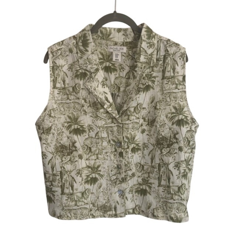 Boxy Camp Shirt M 100% Linen Safari Toile Euro Summer Blouse Coastal Chic Animal
